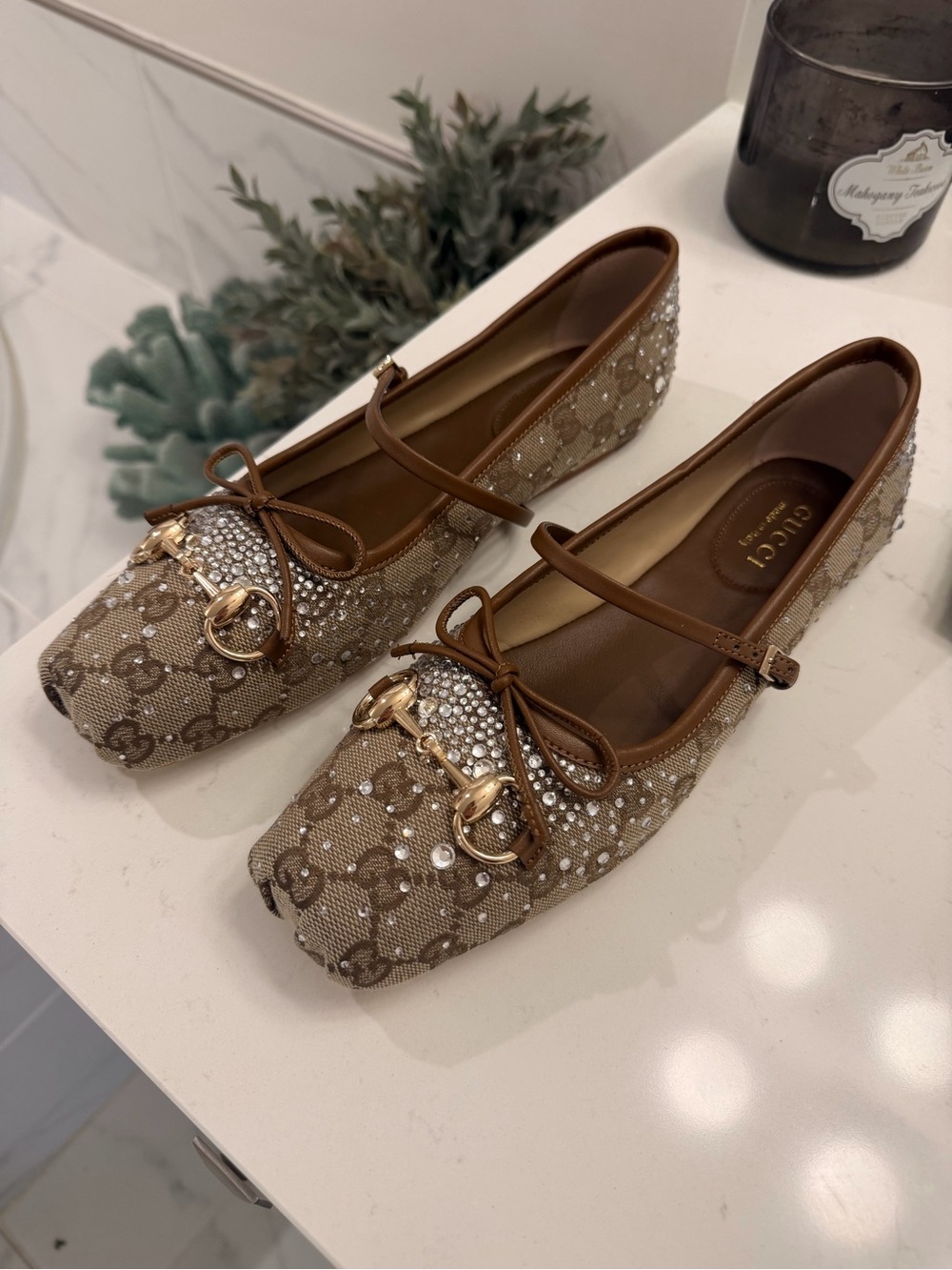 Gucci Beige Monogram Crystal-Embellished Mary Jane Flats